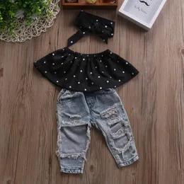 Sätter toddler baby flicka kläder av axel polka dot ruffle gröda toppar rippade denim långa byxor båge huvudband 3pcs casual