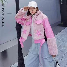 Faux Cashmere Patent Leather Bright Pink Jacket For Women In Winter Lapel Contrast Color Long Sleeve Coat 210427