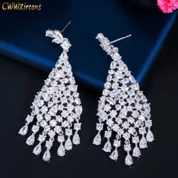 Shiny White Cubic Zirconia Dangle Big Long Chandelier Drop Earrings for Brides Wedding Engagement Jewelry CZ856 210714