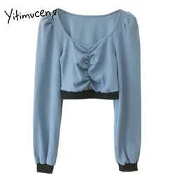 Yitimuceng Woman Tshirts Low Cut Tees V-Neck Z Długim Rękawem Topy Lato Niebieski Plisowany Przycisk Girly Odzież Wygodne Streetwear 210601