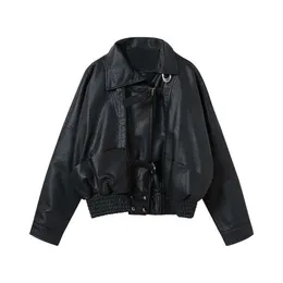 PERHAPS U Women Outwear Jacket Pocket PU Faux Leather Zipper Solid Biker Punk Motorcycle Turn Down Collar C0022 210529