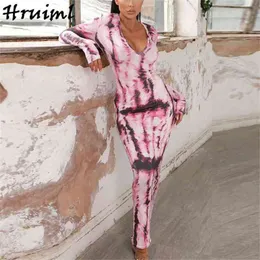 Vintage Tie Dye Print Frauen Langarm Kleid V-ausschnitt Bodycon Schlank Maxi Herbst Plus Größe Casual Streetwear Robe 210513