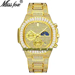 MISSFOX eternity V313 Hip hop Fashion Mens Watches CZ Diamond inlay Dial Quartz Movement Men Watch Iced Out Big Diamonds Bezel Alloy Case Gold Bracelet