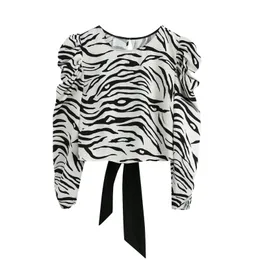 Kobiety Zebra-Stripe Print Rękaw Puff Rękaw Krótka Koszula Vintage Femme Powrót Widelec Bow Bluzka Casual Los Loose Tops Smock Blusas S8012 210317