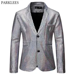 Silver Plaid Cekiny Blazer Kurtka Mężczyźni Single Breasted Slim Fit Garnitury Blazer Mężczyzna Festiwal Carnaval Party Halloween Kostium 210522