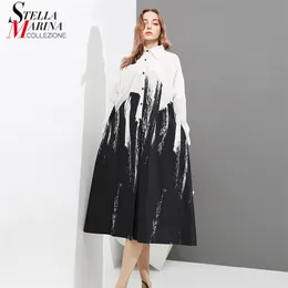 Painting Style Woman Summer Long Sleeve Black And White Printed Shirt Dress Tie Dye Plus Size Midi Casual Robe Femme 3400 210623