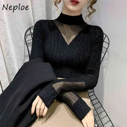 High Neck Sweter z długim rękawem Dzianiny sweter Kobiety Koronki Patch Jesień Zima Multicolor Pull Femme Hiver Wszystkie mecz Sueter 210422