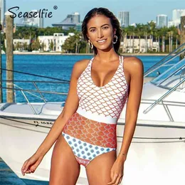 SEASELFIE Sexy Beautiful World Print Swimsuit Women Monokini Beach Bathing Suit Swimwear 210630