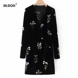 BLSQR Vintage Floral Embroidery Velvet Women Dress Fashion Black Long Sleeve Casual Chic Mini Dresses Vestidos Mujer 210430