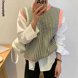 Kobiety Sweter Kamizelka Kobiety O-Neck Argyle Vintage Streetwear Miękkie Ciepłe Dorywczo Kobiece Topy Dziewiarskie Eleganckie Podstawowe Drop 211008