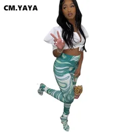 CM.YAYA女性の長いレギンスタイ色の染料プリントハイウエストスーパー弾性レギンスファッションセクシーなズボン女性服210925