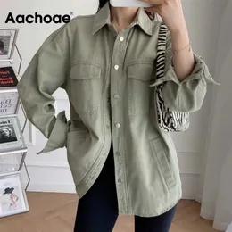 AACHOAE Kadınlar Katı Renk Pamuk Boy Ceket Palto Batwing Kol Durmak Aşağı Yaka Giyim Kadın Moda Sonbahar 211029