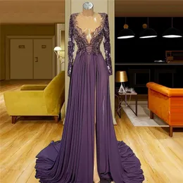 Głębokie V Neck Prom Dresses Side Split Koronki Z Długim Rękawem Suknia Wieczorowa Frezowanie Dostosuj Seksowne Kobiety Party Suknie