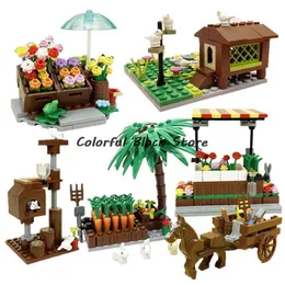 Street View Building Block Accessories Flower Shop Carriage Farm Animal Poultry Vegetable Garden Bird House Cat MOC Toy Kid Gift Q0823