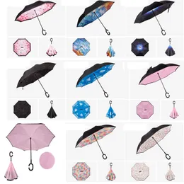 Double Layer Inverted Umbrella Outdoor Factory China 8 Ribs Fold Upside Down Fabric Windproof C-Handle ReverseUmbrella with Bag WLL554-4