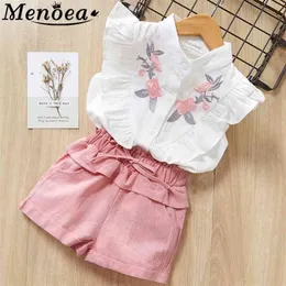 Menoea Mädchen Anzüge Sommer Stil Kinder Schöne Blumen Blume Hülse Kinder Oansatz Kleidung Shorts Anzug 2 stücke Kleidung 210326