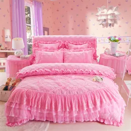 4Pcs Quilted lace Princess style luxury bedding sets queen king size duvet cover set bed skirt set pillowcase bedclothes 210319