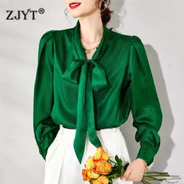 Spring Designers Luxury 100% Real Silk Blouses Women Long Sleeve Elegant Bow Collar Office Shirt Feminino Blusas Party Tops 210601