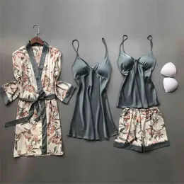 QWEEK Strona główna Garnitur Silk Piżamy Dla Kobiet Kwiatowy Lounge Wear Pijama Summer Pajamas Satin Sleepwear V-Neck 2 sztuki Zestawy 210809
