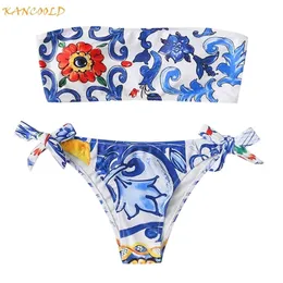 KANCOOLD Women Clothes Sexy Strapless Sunflower Print Two Piece Suits Swimwear Girls Off Shoulder Push Up Summer Swimsuit 210702