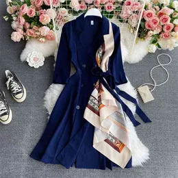 Autumn Retro High End Professional Temperament Fashion Silk Scarf Double Breasted Suit Knee Length Dress D083 210506