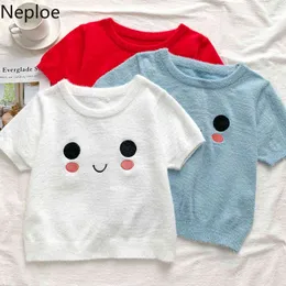 Neploe Haft Cute Cartoon T Shirty Dla Kobiet O Neck White Soft Furry Koszula Dzianiny Slim Fit Crop Top Sexy Koreańskie słodkie trójniki 210422