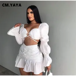 Cm.Yaya kvinnor två 2 stycken set outfits elegant lykta ärmskörd toppar och ruffles sjöjungfru mini kjolar kostym matchning hösten 220302