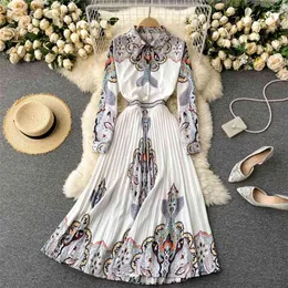 Spring Fashion Women's Print Long-sleeved Pleated Dress Elegant Vintage Clothes Party Korean Vestido De Mujer R984 210527