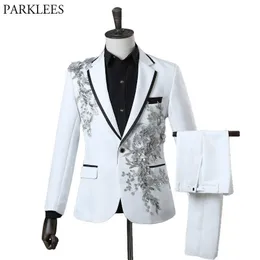 Moda Haft Cekiny Kwiatowy garnitur Blazer Mężczyźni One Button White 2 Piece Suit (Kurtka + Spodnie) Party Stage Singer Nosić Costume X0909