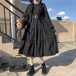 YBYR Japanese Harajuku Women Black Midi Dress Gothic Style Suspenders Bandage Dress Vintage Ruffles Long Baggy Cosplay Costume 210630