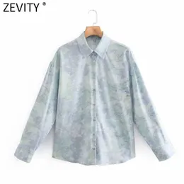 Zevidade Mulheres Vintage Vintage Tie Digital Printing Smock Blusa Femme Manga Longa Breasted Chique Camisa Loose Blusas LS9027 210603