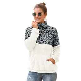 Kvinnor Fleece Sweatshirt Vinter Casual Faux Fur Leopard Patchwork Fluffly Kvinna Hoodies Varm Turtleneck Zipper Tjock Sherpa Toppar 211019