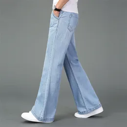 無料の男性の夏の薄い軽量ワイドレッグストレートジーンズプラスサイズのビジネスカジュアルフレアパンツブラックブルー210723