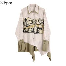 Nbpm Women Blouses Fashion Patchwork Art Printing Women's Blouse Striped Shirt Long Sleeve Blouses Elegant Top Female Loose 210529