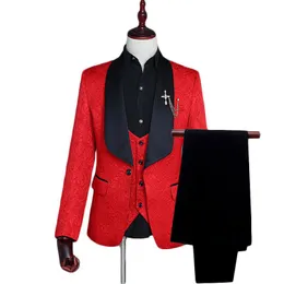 Loldeal Groom Tuxedos Czerwony Biały Garnitur Mężczyźni 2021 Slim Fit Shaw Collar Garnitury Dla Wesele Moda Jacquard 3 Piece Prom Męskie Blazers