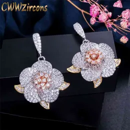 Art Deco 3 Tones Gold Cubic Zirconia Big Geometric Flower Dangle Earrings for Women Luxury Brand Jewelry Gift CZ448 210714