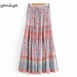 Vintage Blumendruck Boho Langer Rock Frauen Kordelzug Elastische Hohe Taille Große Schaukel Urlaub Sommer Maxi Saia 210430