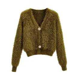 BLSQR Women Imitation Mink Hair Cardigan Sweaters Female Short V-Neck Long Sleeve Knitted 210430