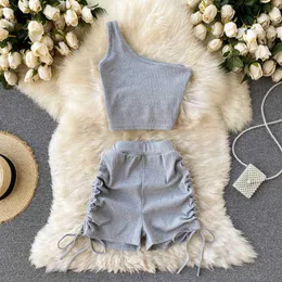 Foamlina Casual Women 2 Piece Set Solid Letnia Moda Jedna Ramię Bez Rękawów Crop Top I Szorty Sznurków Trening Dresy Y0603