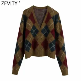 Zevity Women Vintage Vネック幾何学模様カーディガン編み物セーターレディースシックシングルブレストカジュアルレトロトップS498 210603