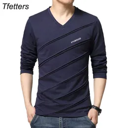 Tfetters märke T Shirt Men Twill Design V-Collar Långärmad T-tröja Plus StorlekT-tröja Slim Cotton Tops Tees Camisetas Man 210623