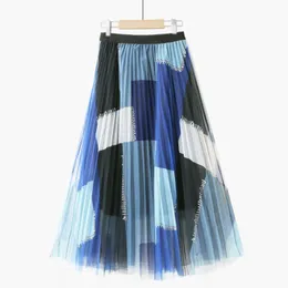 Skirts SONDR 2021 Spring Autumn Women Elastic Waist Casual Stitching Color Pathwork Panelled Over Knee Mesh Pleated Skirt 8Y990