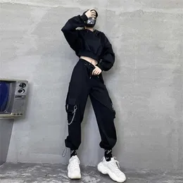 QWeek Punk Oversized Cargo Pant Gothic Streetwear Svart Kedja Harajuku Hippie Koreanska Street Style Trousers Kvinna Hip Hop 211124