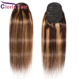 Honey Blonde Markera Human Hair Ponytails P4 / 27 Färgad Rak Brasiliansk Virgin Drawstring Ponytail Extensions Clip Ins Hårstycke för svarta kvinnor