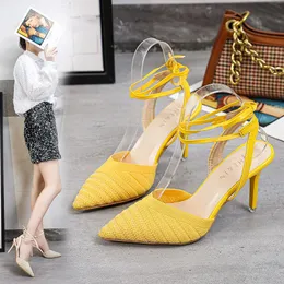 Dress Shoes WHNB Classical Style Women Fashion Pointed Toe Suede Leather Stiletto Heel Pumps Yellow Lace-up High Heels Formal