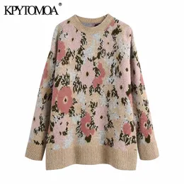 KpyTomoa Kobiety Moda Oversized Kwiatowy Jacquard Sweter Dzianiny Vintage O Neck Z Długim Rękawem Kobiet Pulowers CHIC TOPS 211215