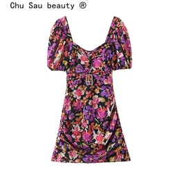 Chu Sau Beauty Beauty Ins Blogger Chic Grande Floral Print Mini Vestido Mulheres Estilo de Férias Diamante Fivela Slim Ruffles Vestidos 210508
