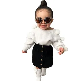Kläder Satser Toddler Kids Baby Girl Fashion Sweety Kläder Set Pompom Sweater Toppar Mini Skirt Söt Pom Sleeve Tröjor Outfits