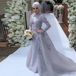 High Neck Long Sleeves Muslim MeMaid Evening Klänningar Med Avtagbar Tåg Formell Prom Party Gowns Plus Storlek