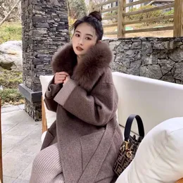 Kvinnors nya överdimensionerade räv päls krage hooded dubbelsidig cashmere coat mid-length 100% ren ull alpaca coats ficka